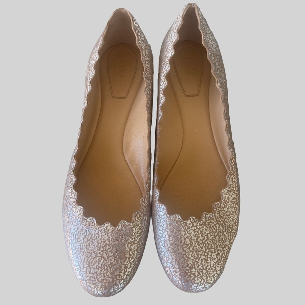 CHLOE Lauren Scalloped Ballerina Flats womens 11 nude / blush / silver metallic